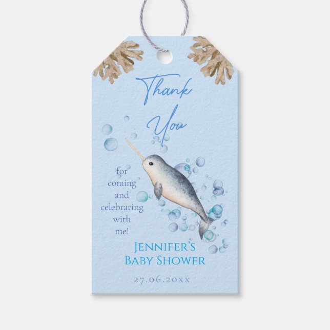 Étiquettes-cadeau Aquarelle bébé garçon Narwhal & bulles Stars Favor (Devant)