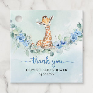 Étiquettes Cadeau Aquarelle bébé girafe fleurs bleues Favoriser Tags