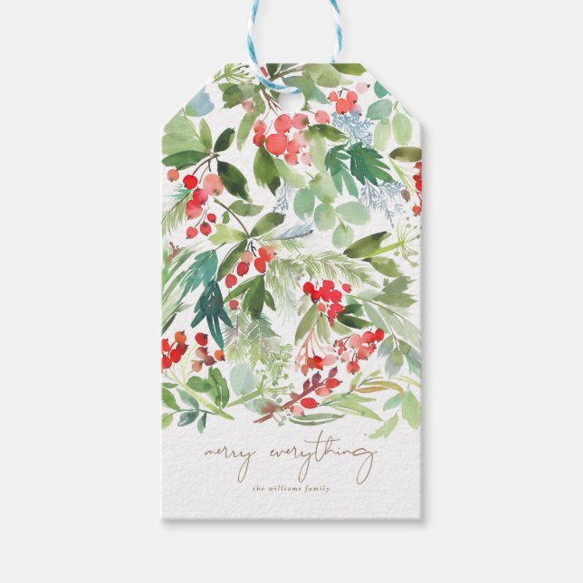 Étiquettes-cadeau Aquarelle Berries d'hiver et verdure (Devant)