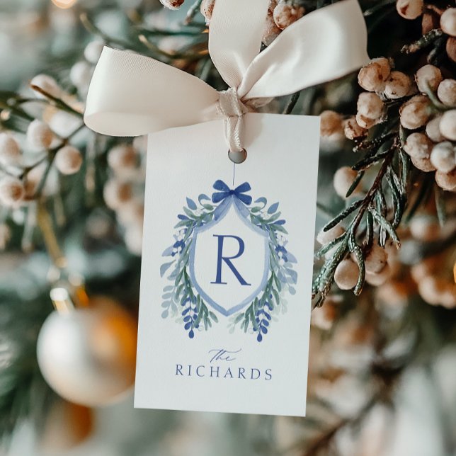 Étiquettes-cadeau Aquarelle Bleu Bow Hiver Vert Crête Balise cadeau (Créateur téléchargé)