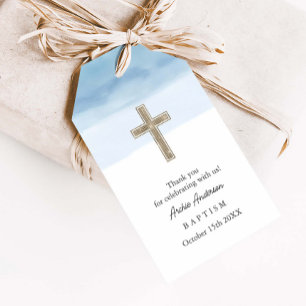 Étiquettes-cadeau Aquarelle Bleu clair garçon Baptême Christening