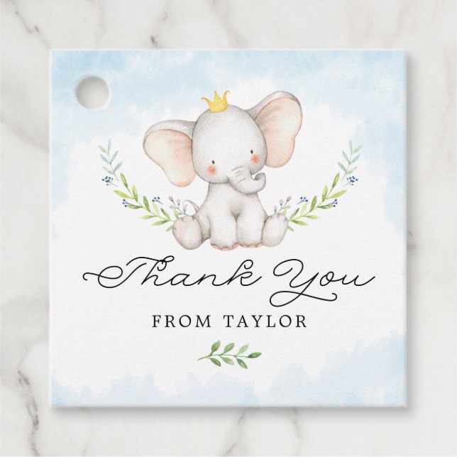 Étiquettes Cadeau Aquarelle Bleu Cute Bébé Eléphant Merci (Devant)