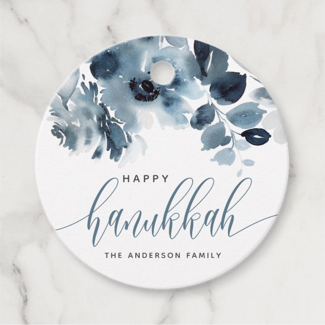 Étiquettes Cadeau Aquarelle bleu Fleurs joyeuses Hanoukka Calligraph (Devant)