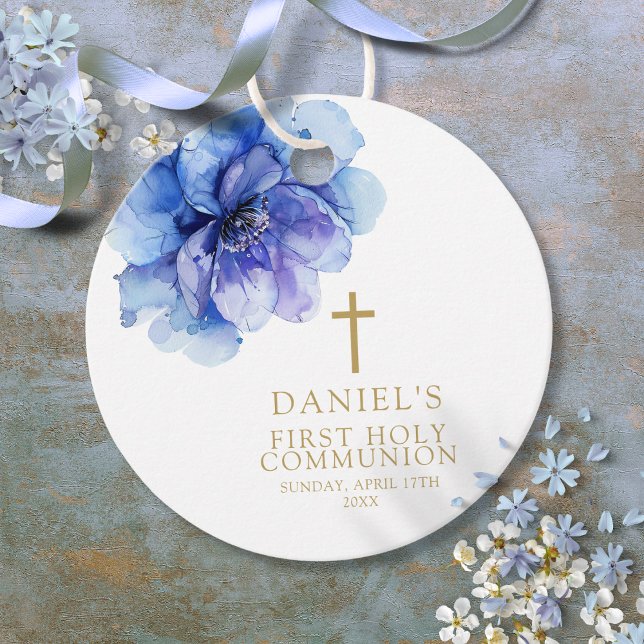 Étiquettes Cadeau Aquarelle bleu foncé moderne Floral Sainte Communi (Modern Dusty Blue Watercolor Floral Holy Communion Favor Tags)