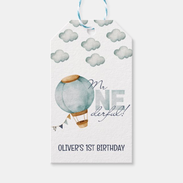 Étiquettes-cadeau Aquarelle Bleu Hot Air Balloon M. ONEderful Boy (Devant)