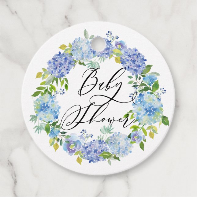 Étiquettes Cadeau Aquarelle bleu Hydrangea Wreath Baby shower (Devant)