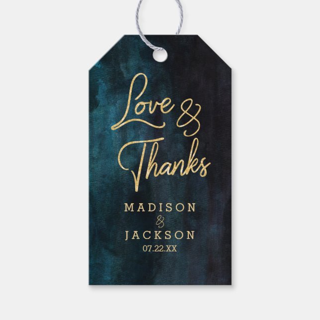 Étiquettes-cadeau Aquarelle bleu marine et or Mariage amour et merci (Devant)