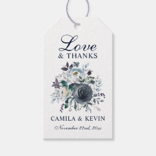 Étiquettes-cadeau Aquarelle Bleu Marine Floral Mariage AMOUR & MERCI