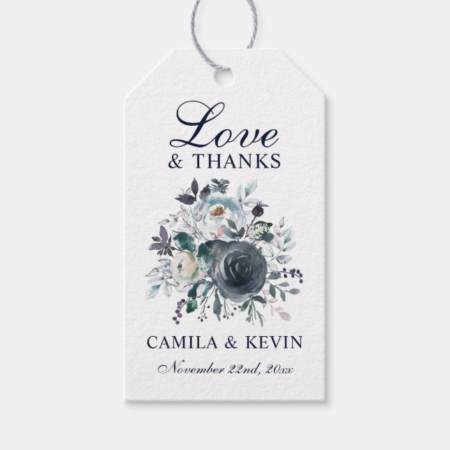 Étiquettes-cadeau Aquarelle Bleu Marine Floral Mariage AMOUR & MERCI (Devant)