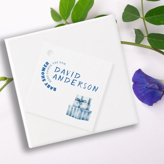 Étiquettes Cadeau Aquarelle bleu minimaliste baby shower garçon (Créateur téléchargé)