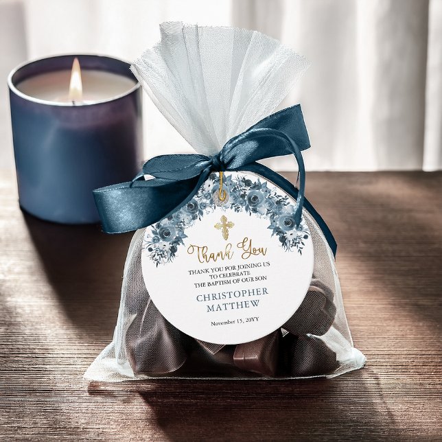 Étiquettes Cadeau Aquarelle bleu or Floral Boy Baptême Merci (Elegant Blue Gold Tone Watercolor Floral "Thank You" Baptism Favor Tags )