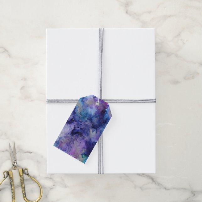 Étiquettes-cadeau Aquarelle bleu turquoise pourpre couleur marbré (Avec de la ficelle)