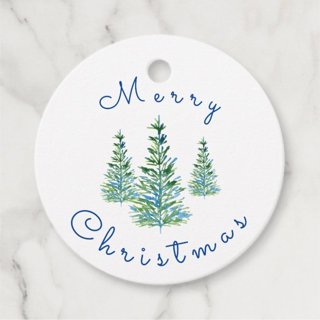 Étiquettes Cadeau Aquarelle bleu vert Pine Arbres (Devant)