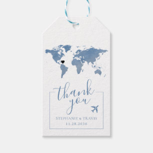 Étiquettes-cadeau Aquarelle bleue Carte du monde Bagages Favoriser l