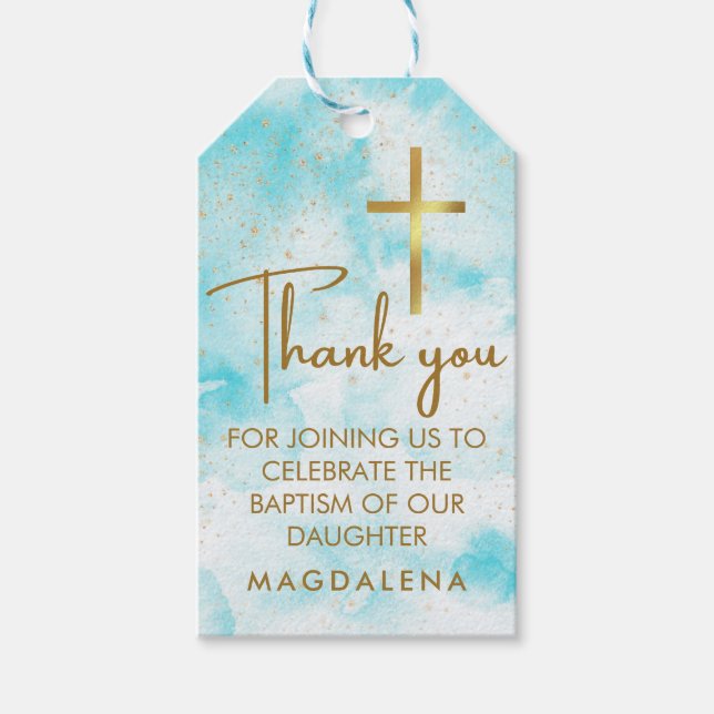Étiquettes-cadeau Aquarelle bleue Croix or Baptême Merci Favor (Devant)