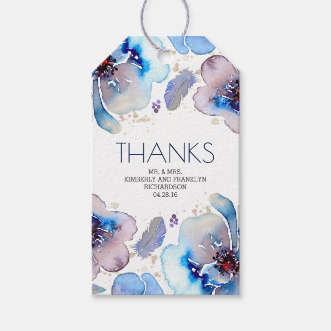 Étiquettes-cadeau Aquarelle bleue Floral Boho Feathers Mariage (Devant)