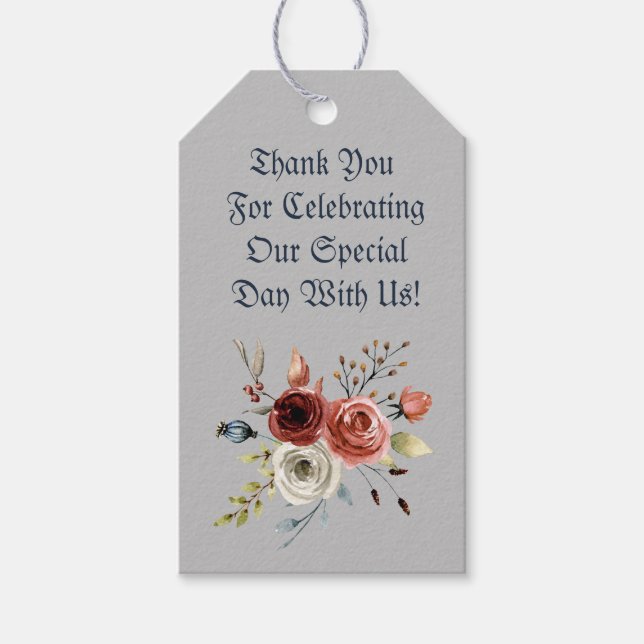 Étiquettes-cadeau Aquarelle bleue Roses roses et Feuilles roses (Devant)