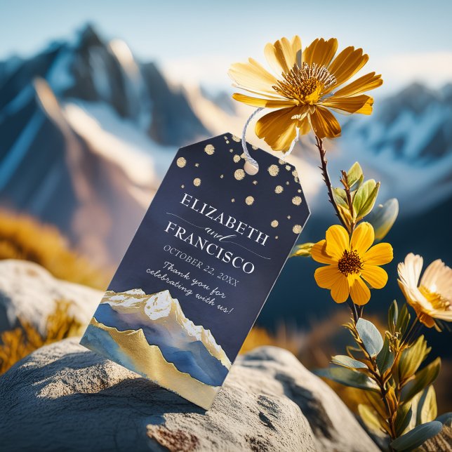 Étiquettes-cadeau Aquarelle Blue Gold Foil Mountain Mariage extérieu (Créateur téléchargé)
