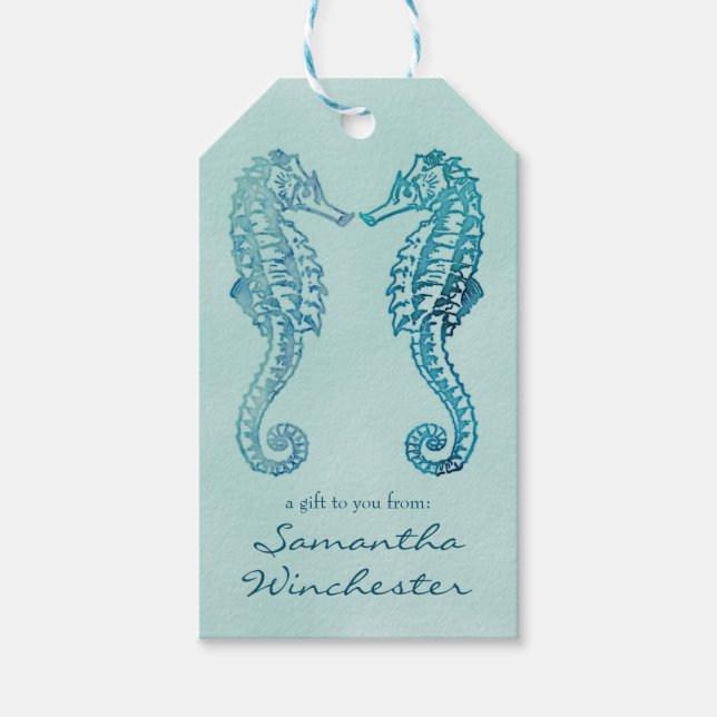 Étiquettes-cadeau Aquarelle Blue Seahorse (Devant)