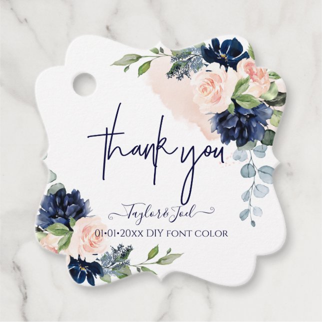 Étiquettes Cadeau Aquarelle Blush marine Bleu Rose Script Merci (Devant)