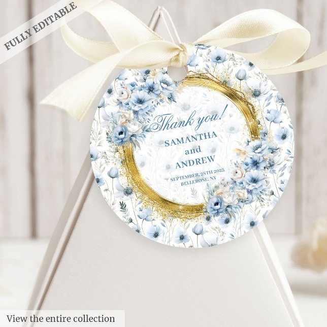 Étiquettes Cadeau Aquarelle Boho Dusty Blue Gold Mariage (Luxury Watercolor Boho Dusty Blue Gold Wedding Favor Tags)
