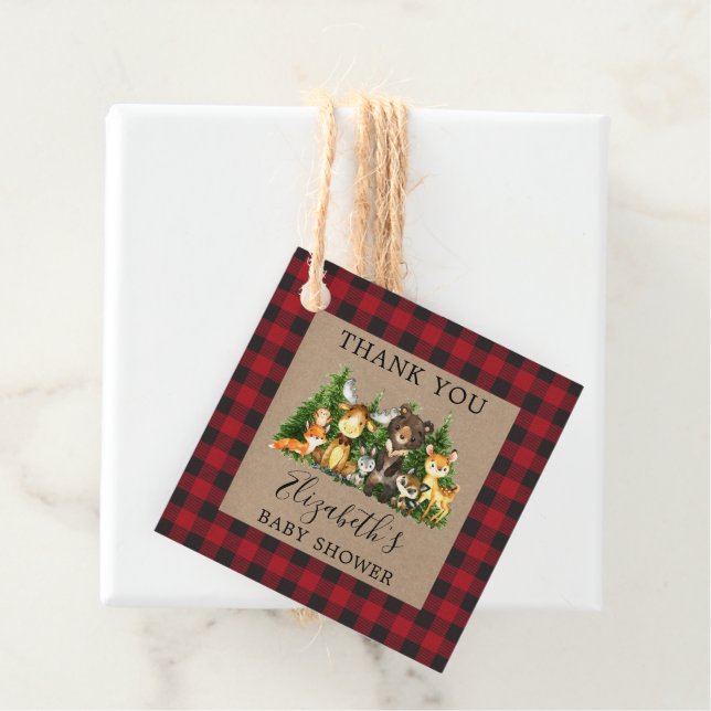 Étiquettes Cadeau Aquarelle Bois Animaux Baby shower rustique (En situation)