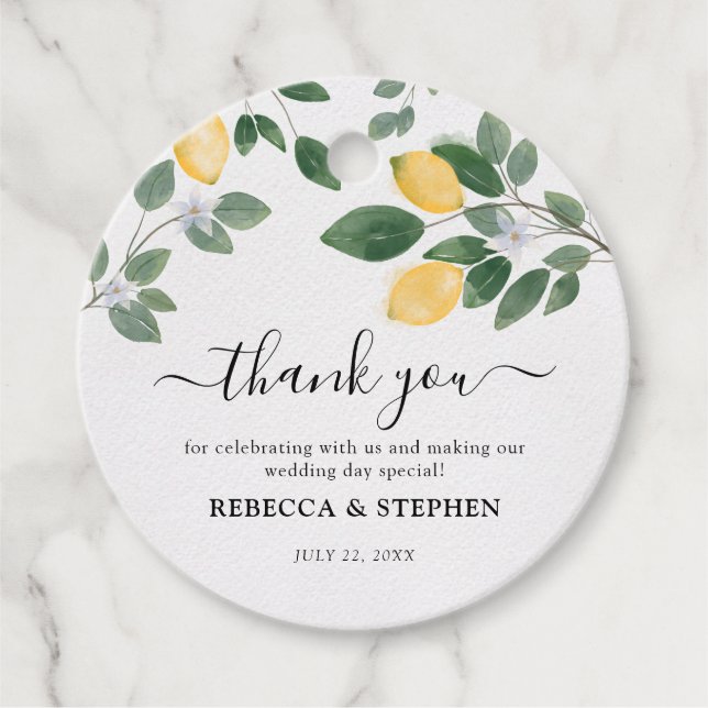 Étiquettes Cadeau Aquarelle botanique Citron et Mariage de verdure (Devant)