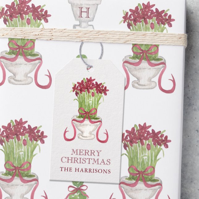 Étiquettes-cadeau Aquarelle Bourgogne Amaryllis Noël (Créateur téléchargé)
