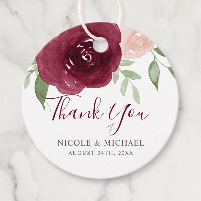 Étiquettes Cadeau Aquarelle Bourgogne Floral Wedding Favor Merci (Devant)