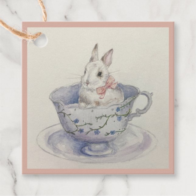 Étiquettes Cadeau Aquarelle Bunny dans Teacup | Cadeau Carré Whimsic (Devant)