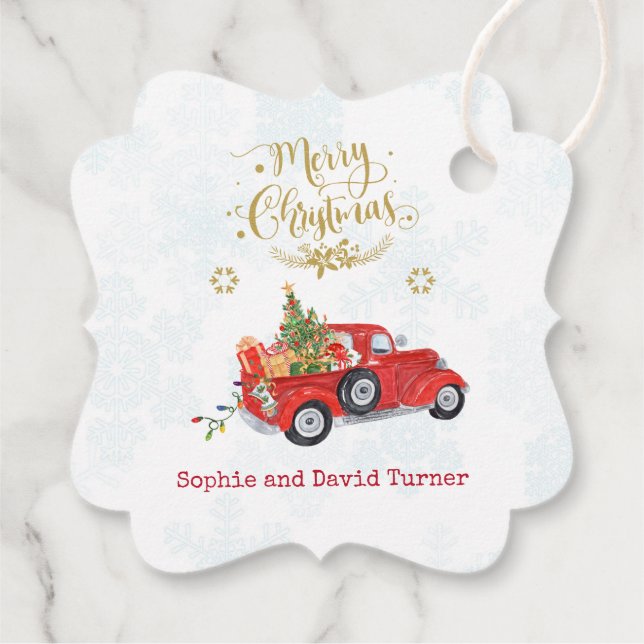 Étiquettes Cadeau Aquarelle Camion de Noël Joyeux Noël Script (Dos)