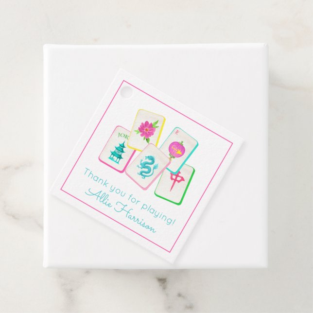 Étiquettes Cadeau Aquarelle Carreaux de Mahjong brillants (En situation)