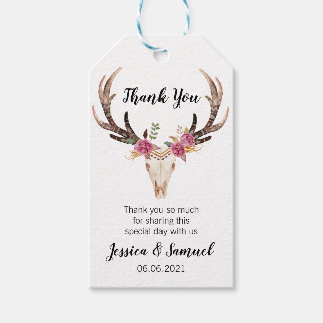 Étiquettes-cadeau Aquarelle Cerf Antlers Merci Mariage de Bohême (Devant)