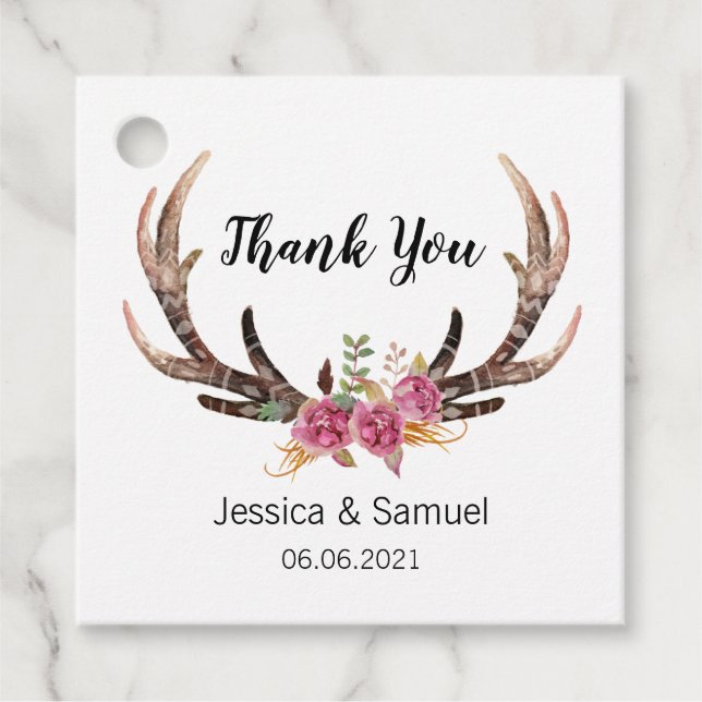 Étiquettes Cadeau Aquarelle Cerf Antlers Merci Mariage de Bohême (Devant)