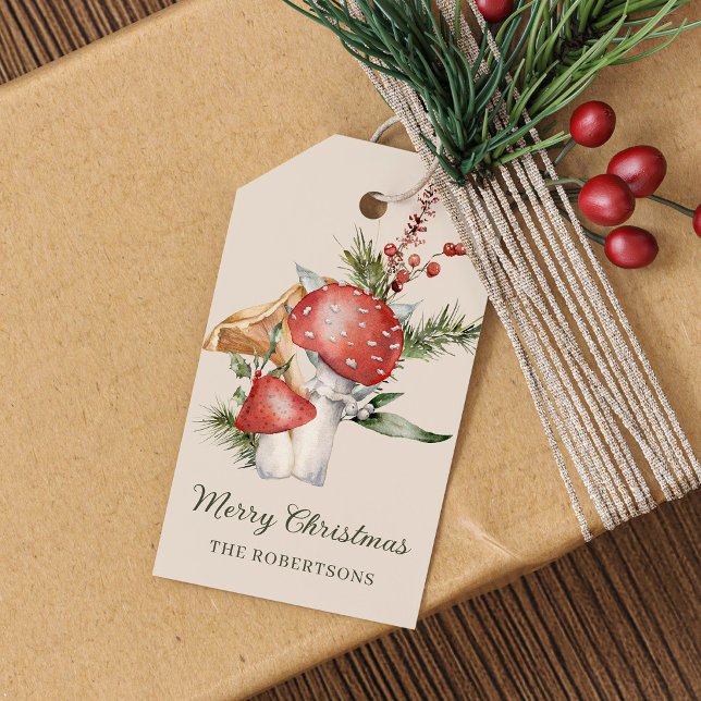 Étiquettes-cadeau Aquarelle Champignons de Noël Bois rustique (Créateur téléchargé)