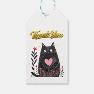 Étiquettes-cadeau Aquarelle Chat Noir Fleur avec Cœur Merci
