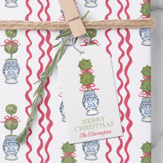 Étiquettes-cadeau Aquarelle Chinoiserie Noël Bow rouge Topio (Créateur téléchargé)