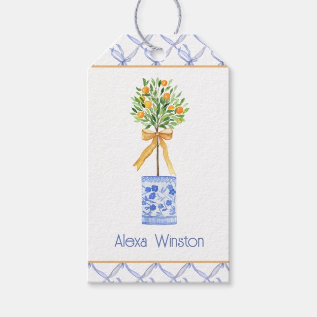 Étiquettes-cadeau Aquarelle Chinoiserie Orange Tree Topiary (Devant)