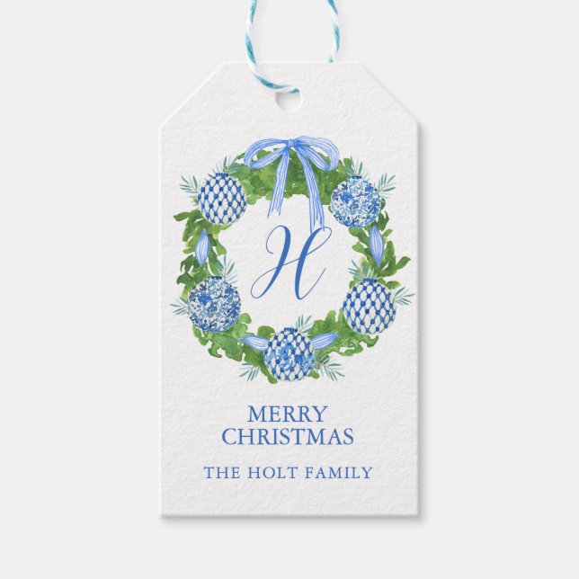 Étiquettes-cadeau Aquarelle Chinoiserie Wreath Monogramme Noël (Devant)
