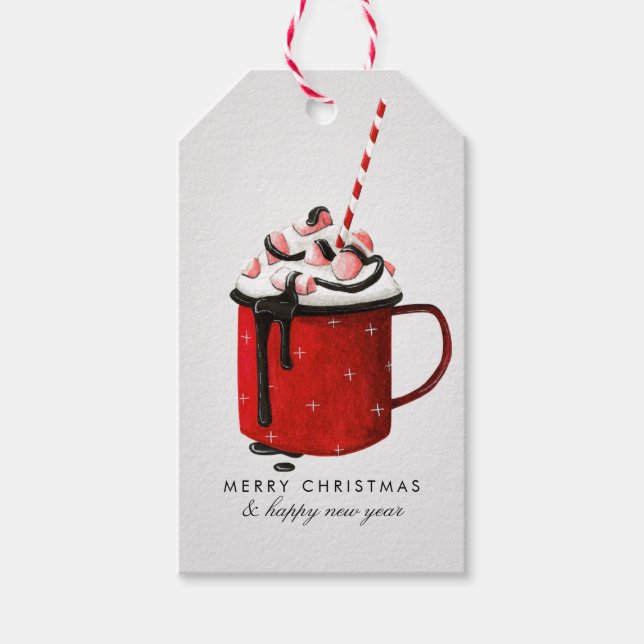 Étiquettes-cadeau Aquarelle Chocolat chaud Message personnalisé Noël (Devant)