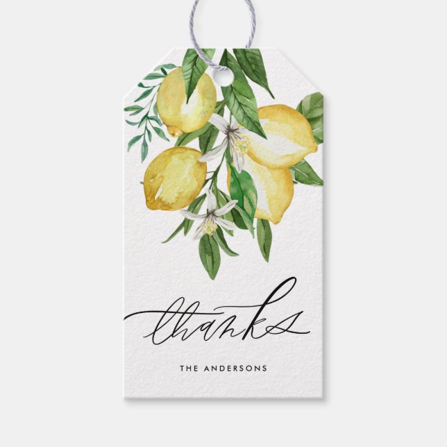 Étiquettes-cadeau Aquarelle Citron et fleurs Mariage Merci (Devant)