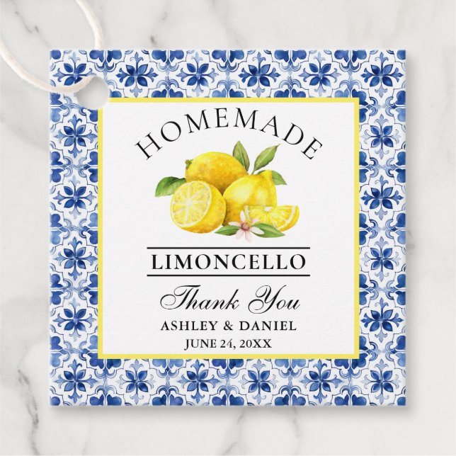 Étiquettes Cadeau Aquarelle Citrons Carrelage bleu Limoncello Merci (Devant)