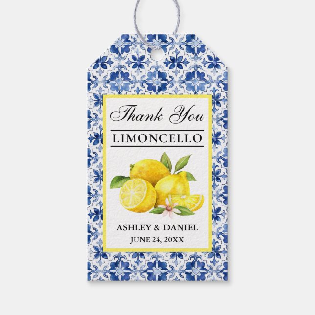 Étiquettes-cadeau Aquarelle Citrons Carrelage bleu Limoncello Merci (Devant)