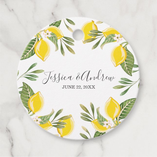 Étiquettes Cadeau Aquarelle Citrus citron Floral Rustique Jaune (Devant)