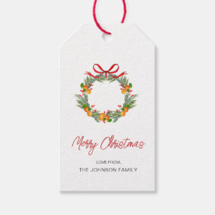 Étiquettes-cadeau Aquarelle Citrus couronne avec arc rouge Noël
