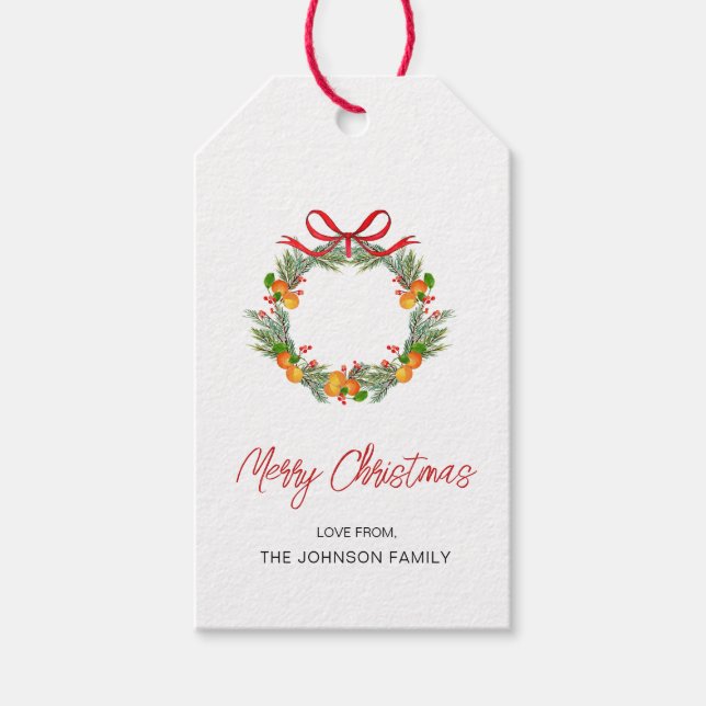 Étiquettes-cadeau Aquarelle Citrus couronne avec arc rouge Noël (Devant)