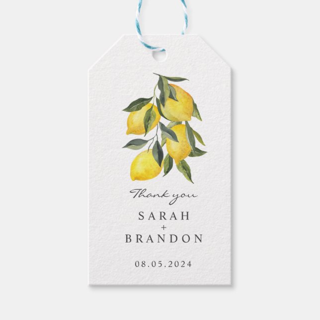 Étiquettes-cadeau Aquarelle Citrus Lemon Mariage d'été (Devant)