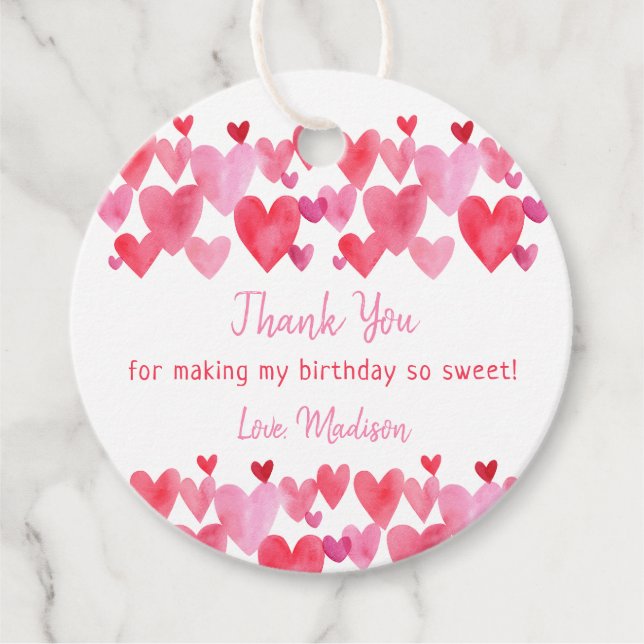 Étiquettes Cadeau Aquarelle Coeurs Anniversaire (Devant)