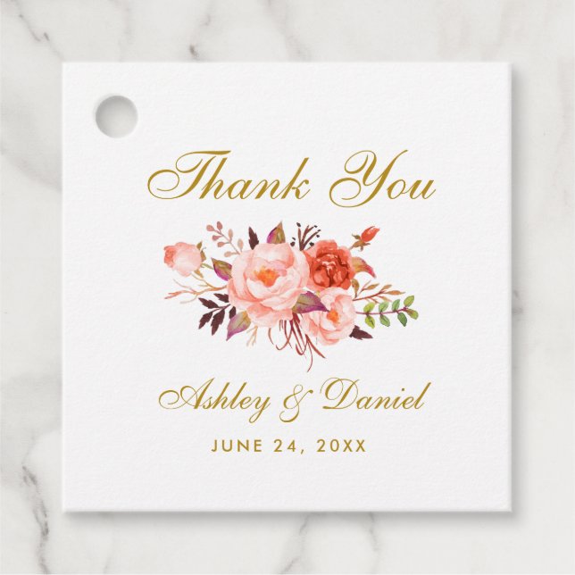 Étiquettes Cadeau Aquarelle Coral Floral Mariage or Merci (Devant)
