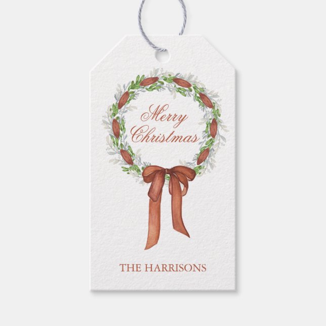 Étiquettes-cadeau Aquarelle Cuivre Bow Ribbon Wreath Noël (Devant)